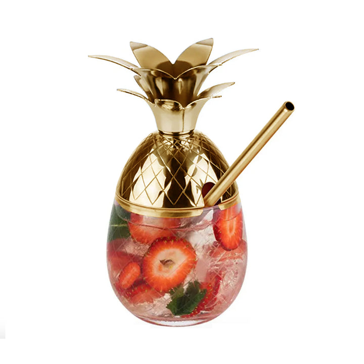 Vaso Piña Cristal con Popote Oro